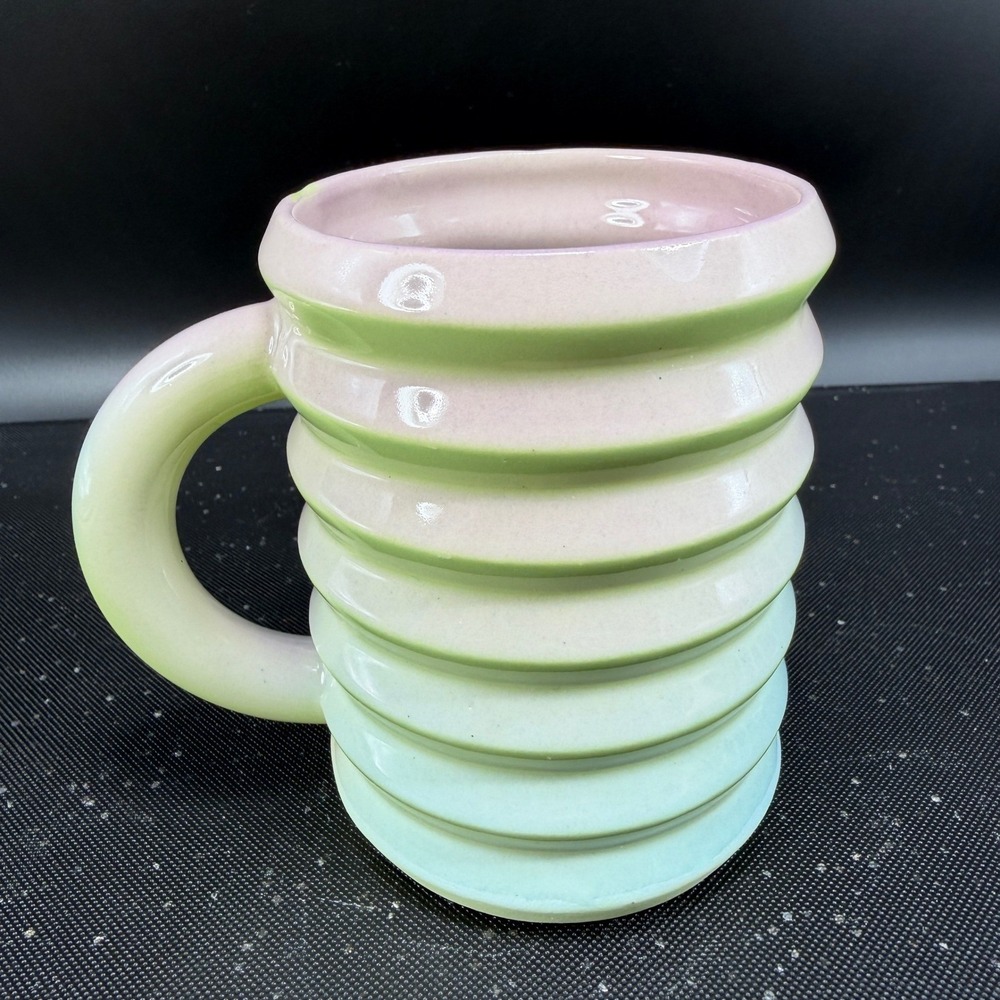 Handmade Ceramic Beehive Ribbed Mug Cup Pastel Pink Green Ombre Art Pottery